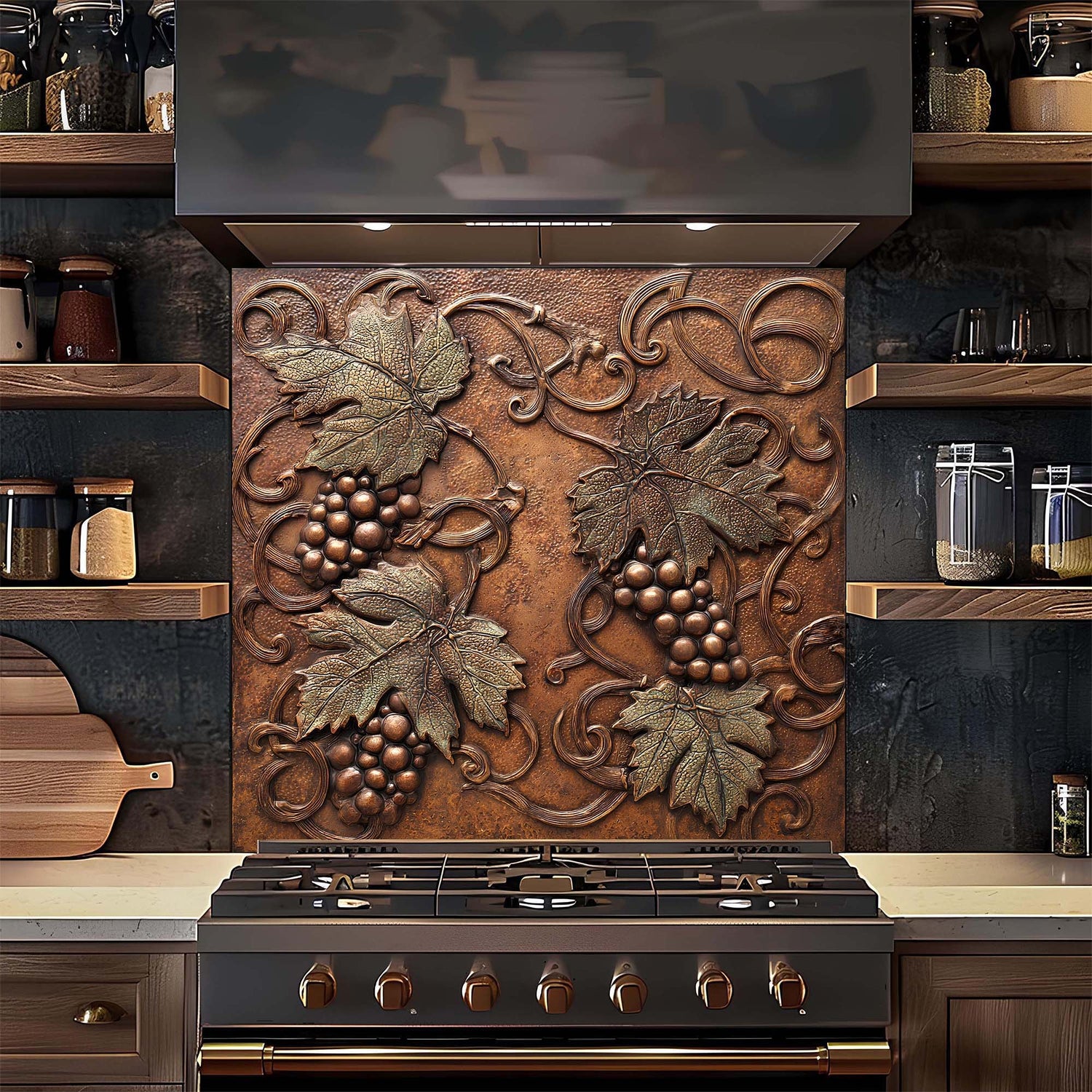 Decorative backsplash with grapevine design above a stove in a kitchen.