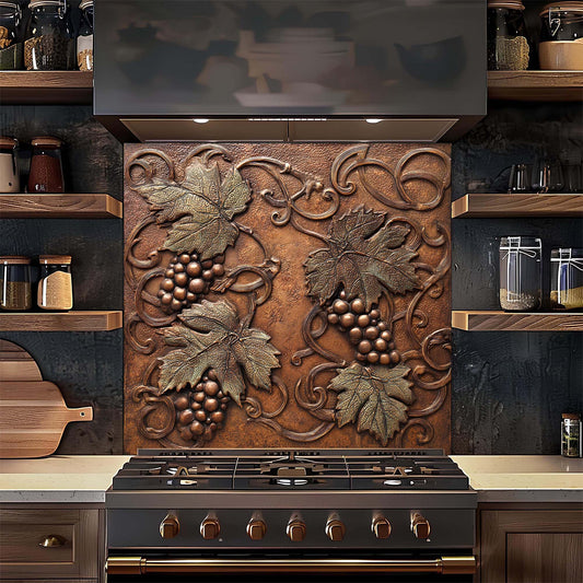 Decorative backsplash with grapevine design above a stove in a kitchen.