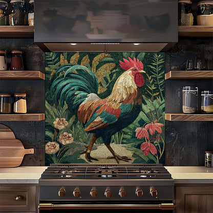 Kitchen with a decorative rooster backsplash