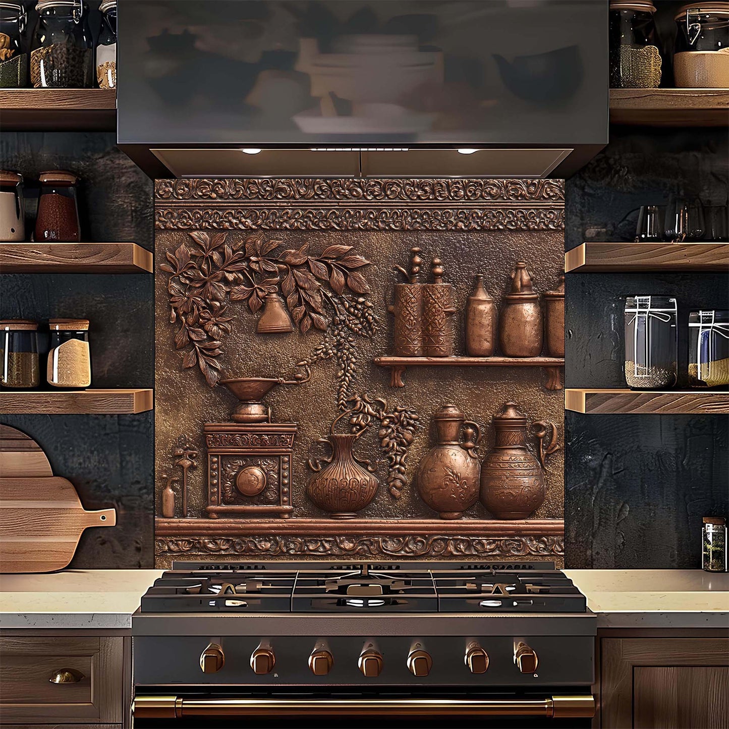 Decorative backsplash with copper pots and shelves in a kitchen setting