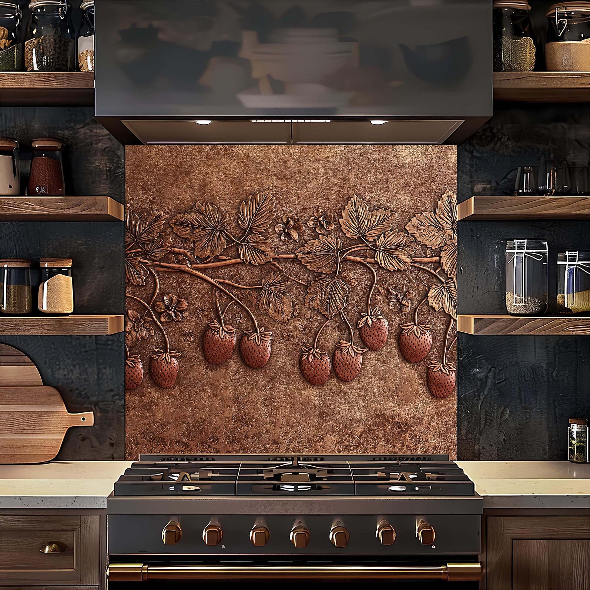 Decorative backsplash with strawberry design above a stove in a kitchen.