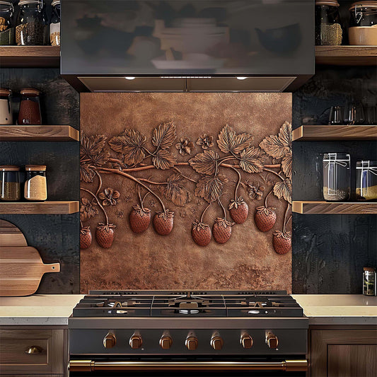 Decorative backsplash with strawberry design above a stove in a kitchen.