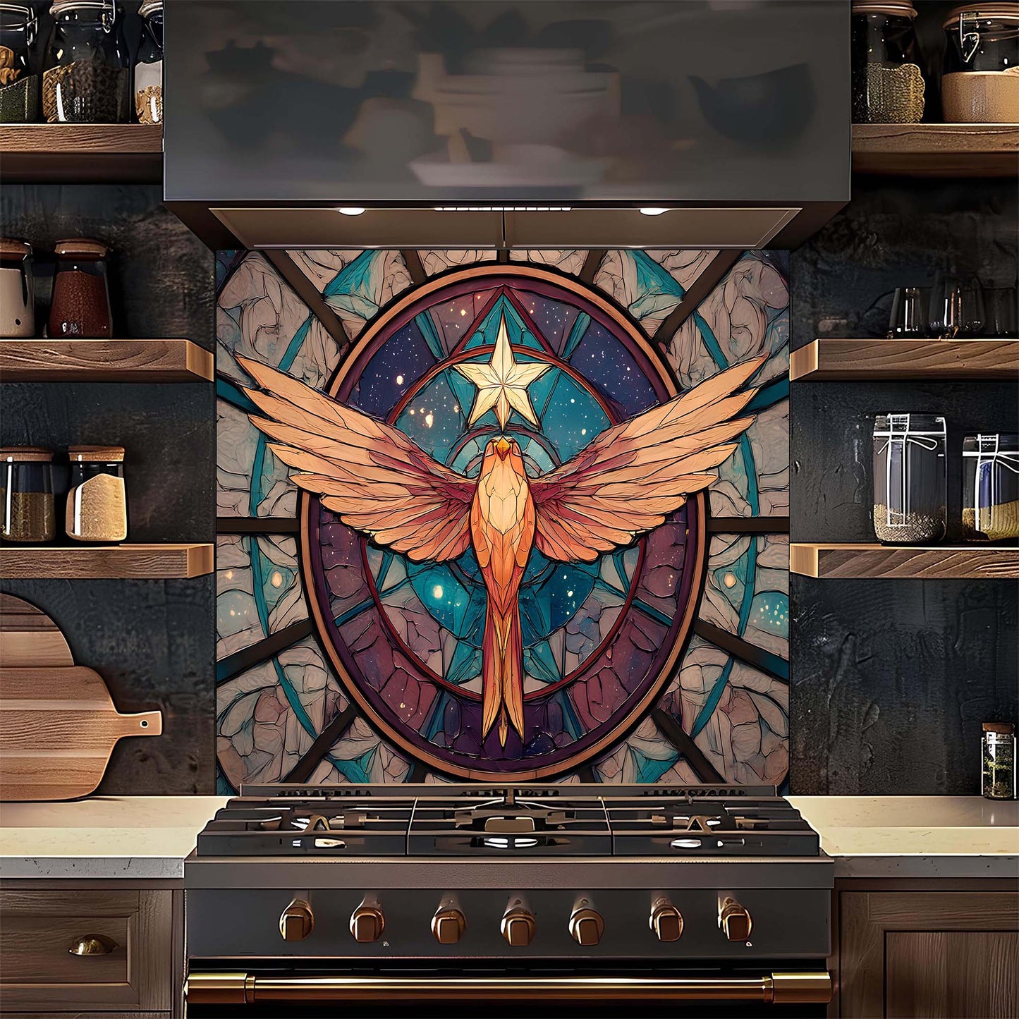 Kitchen stove with a decorative phoenix tile on the backsplash