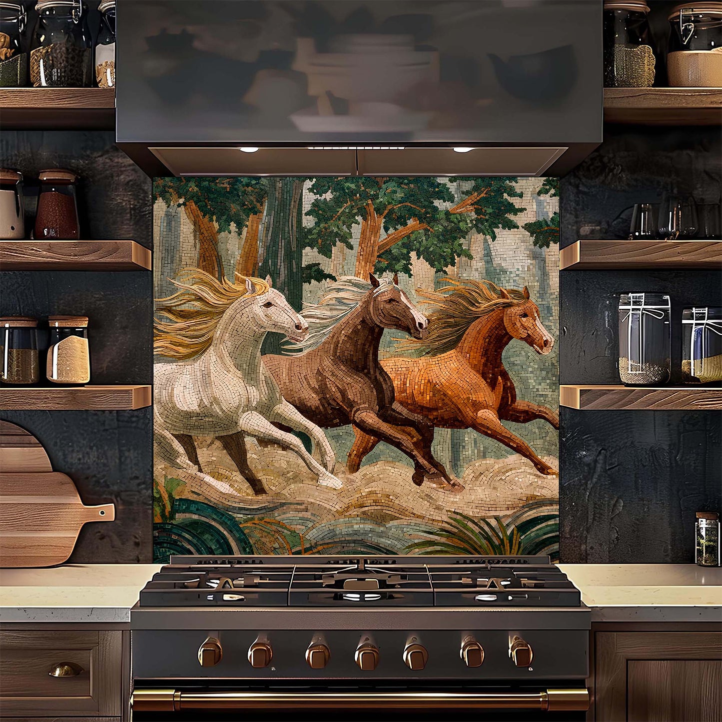 Mosaic-style wild horses running through a forest on tempered glass backsplash, adding movement, warmth, and natural beauty to kitchens.
