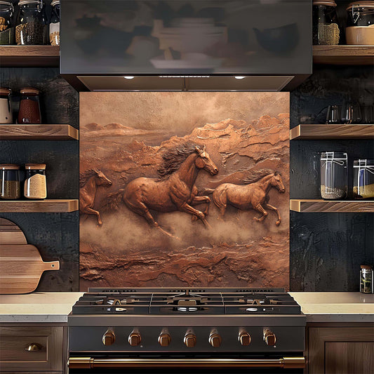 Kitchen with a decorative glass backsplash featuring running horses.