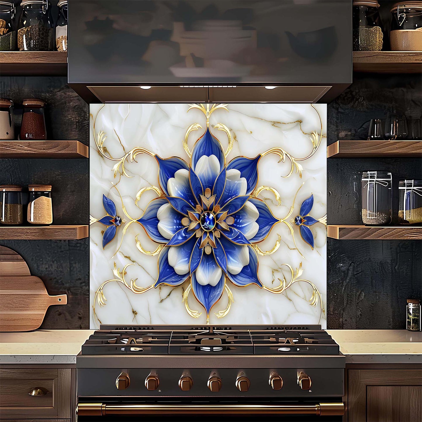 Decorative backsplash with blue and white floral design on a kitchen stove.
