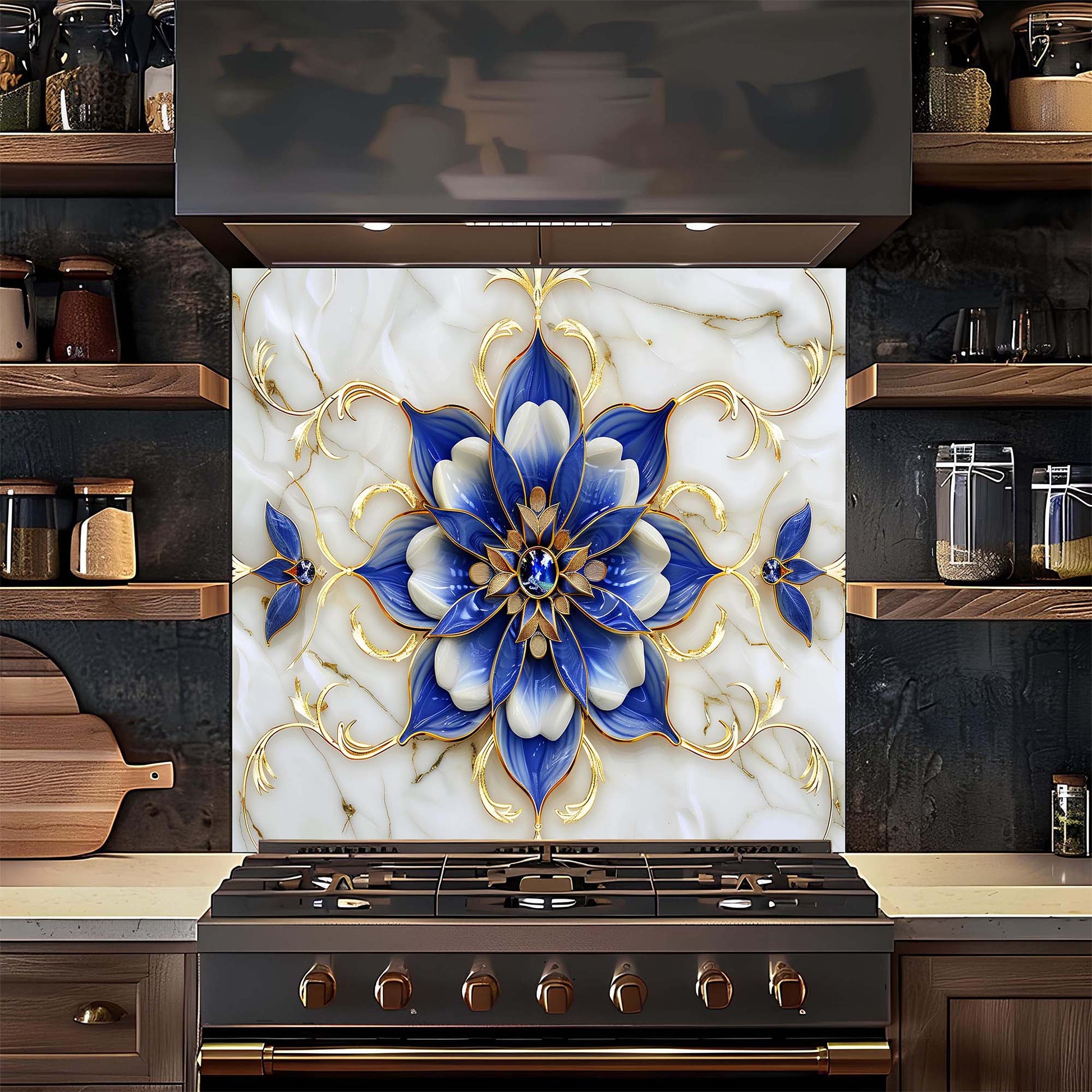 Decorative backsplash with blue and white floral design on a kitchen stove.