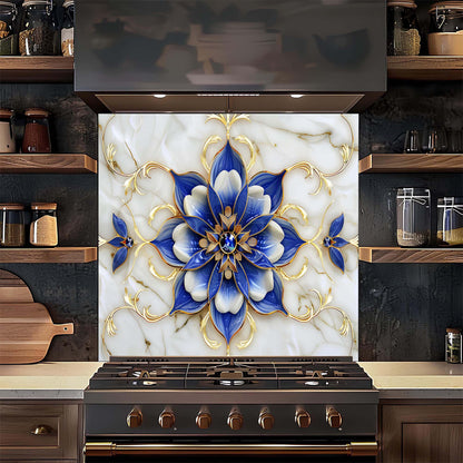 Decorative backsplash with blue and white floral design on a kitchen stove.