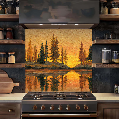 Kitchen with a decorative backsplash featuring a sunset over trees and water.