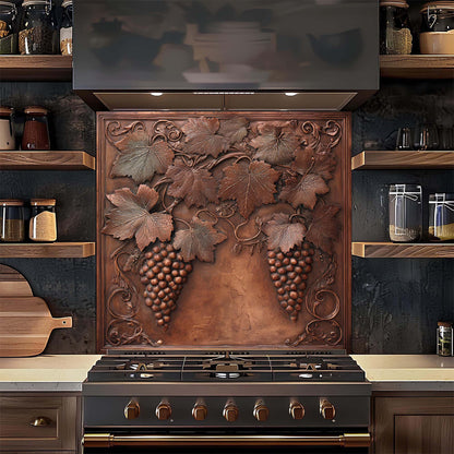Decorative backsplash with grapevine design above a stove in a kitchen.