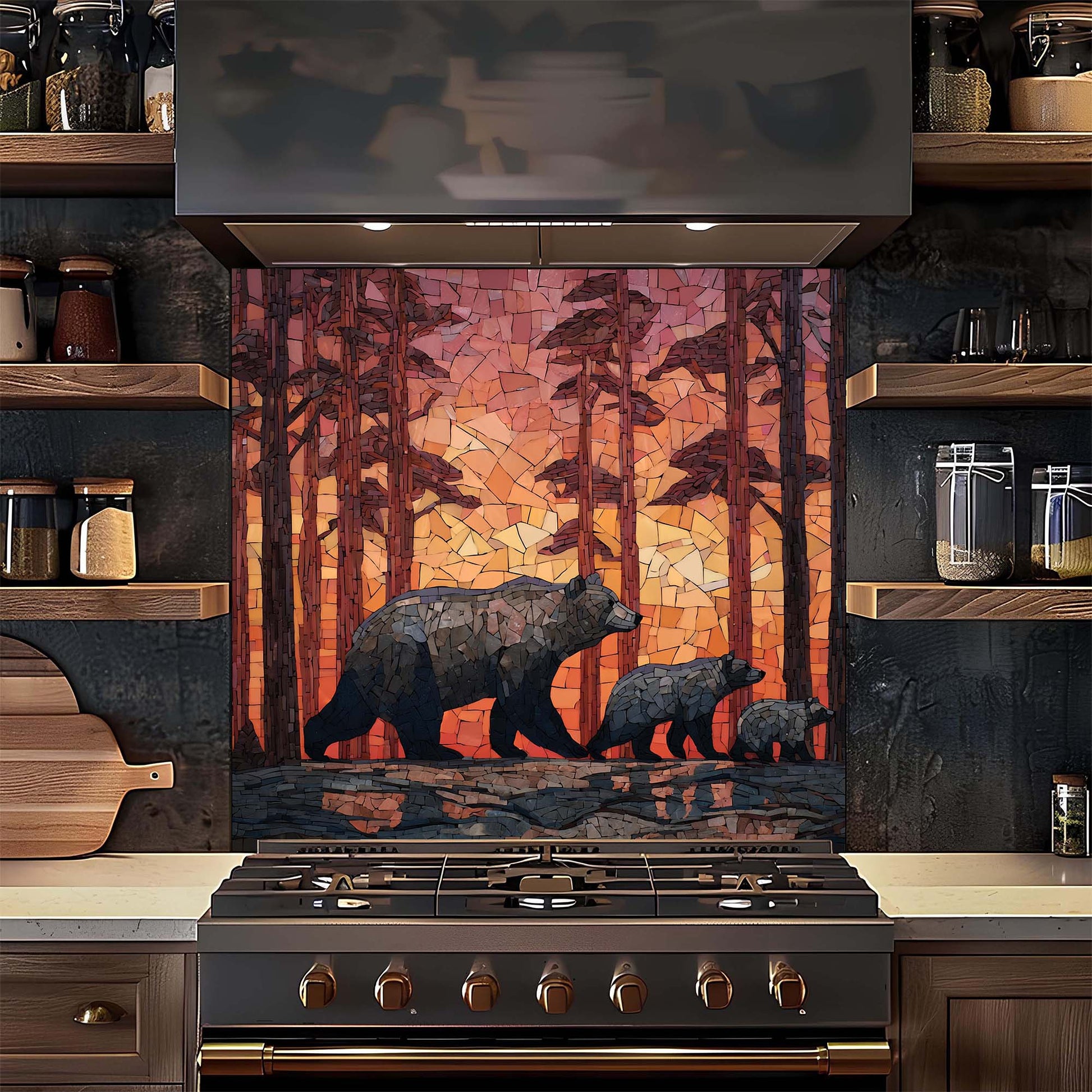 Kitchen stove with a decorative glass backsplash featuring bears and trees
