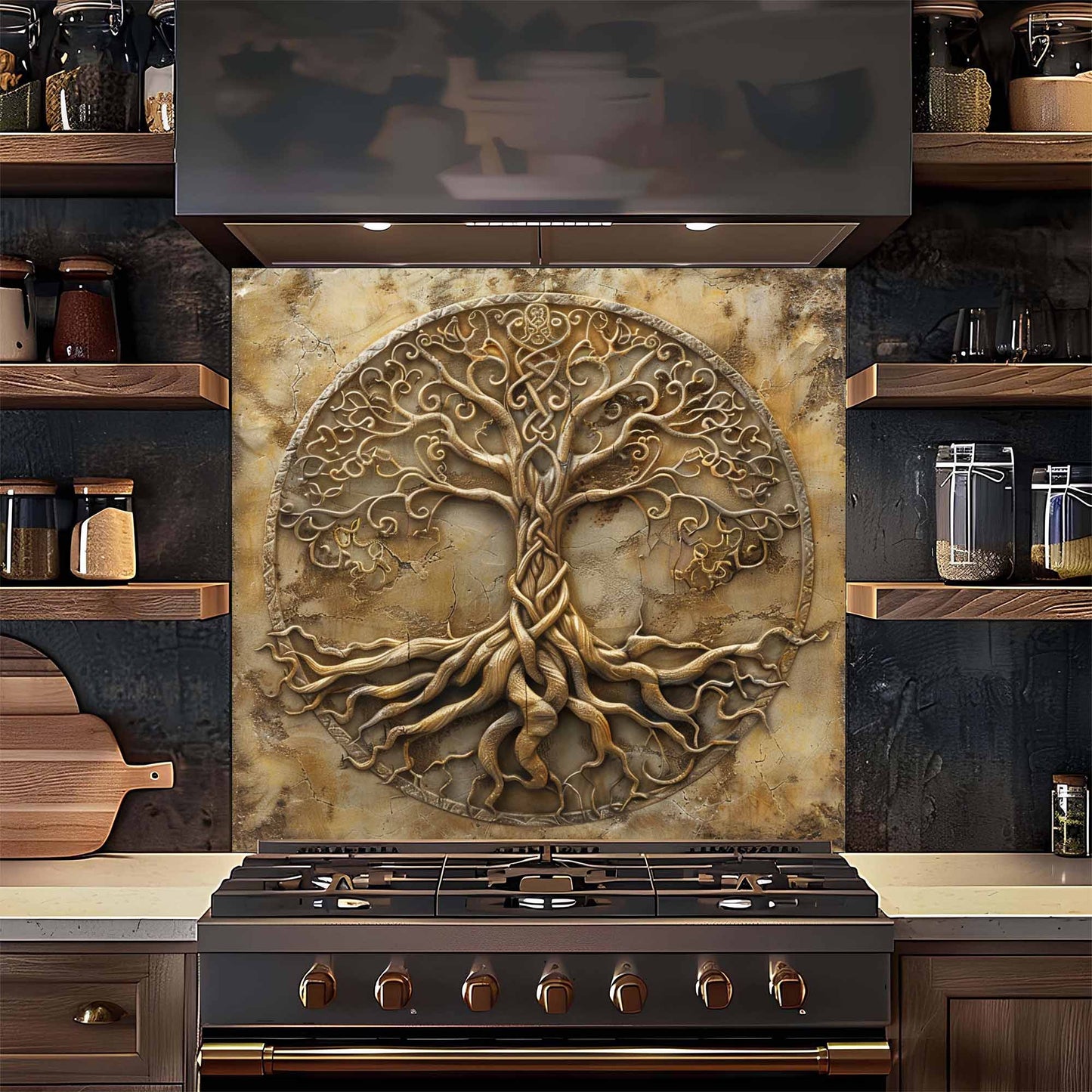 Decorative backsplash with tree design above a stove in a kitchen setting.