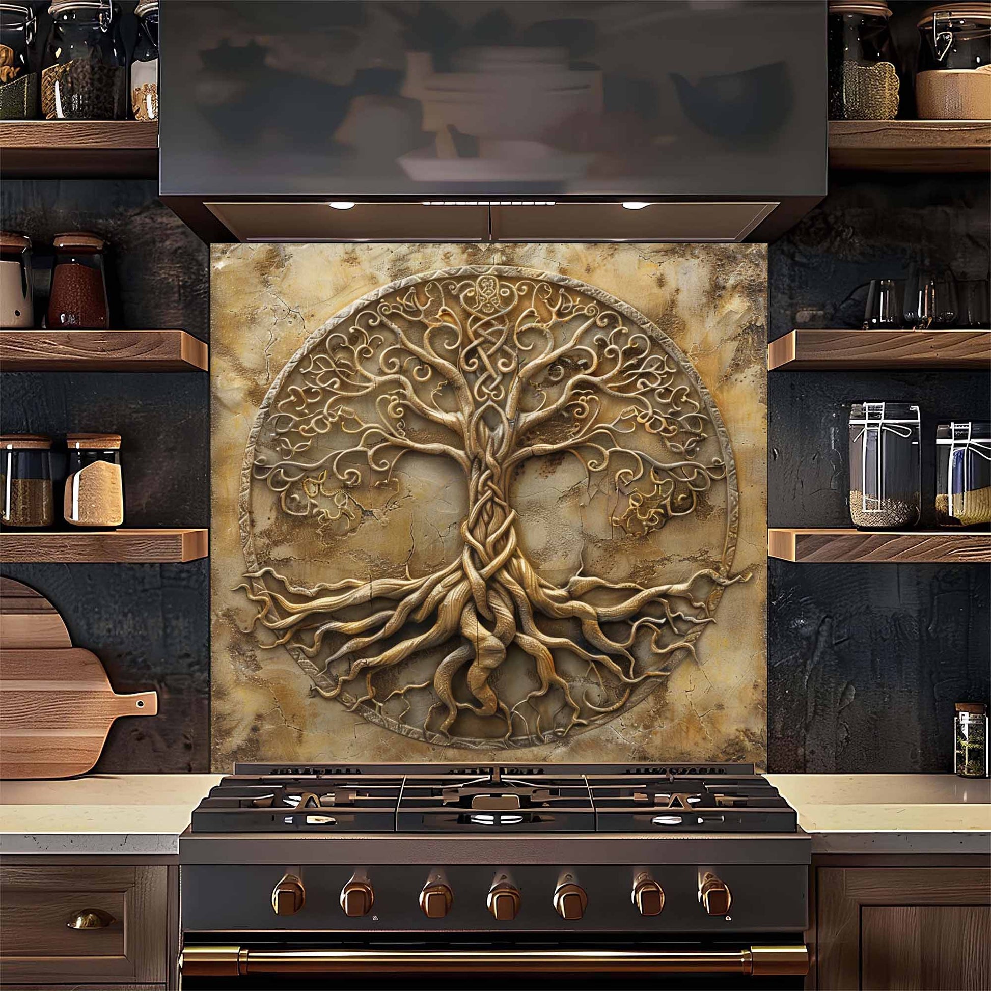 Decorative backsplash with tree design above a stove in a kitchen setting.