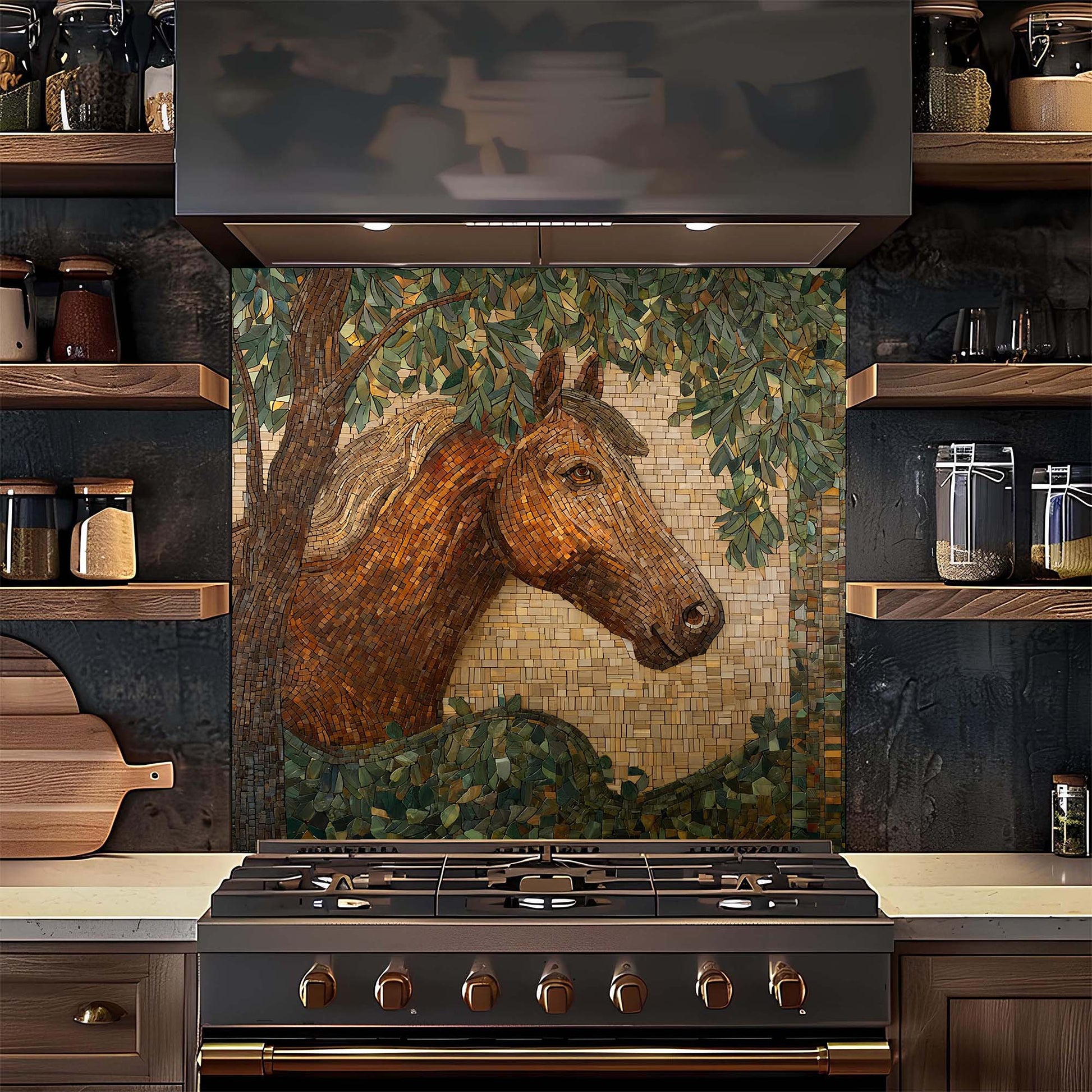 Elegant horse portrait in mosaic woodland style on tempered glass backsplash, bringing warmth, calm, and nature-inspired beauty to kitchens.
