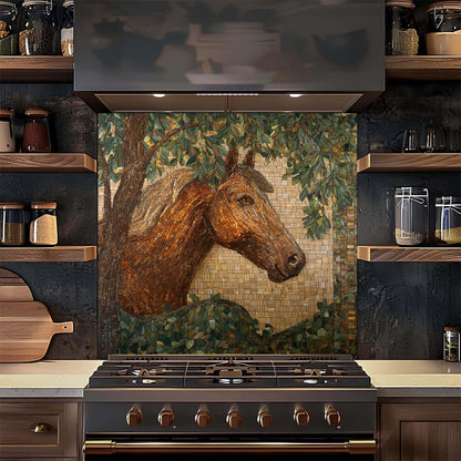 Elegant horse portrait in mosaic woodland style on tempered glass backsplash, bringing warmth, calm, and nature-inspired beauty to kitchens.