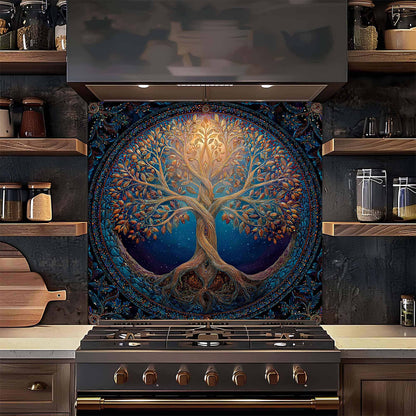 Kitchen with a decorative wall panel featuring a tree design above a stove.