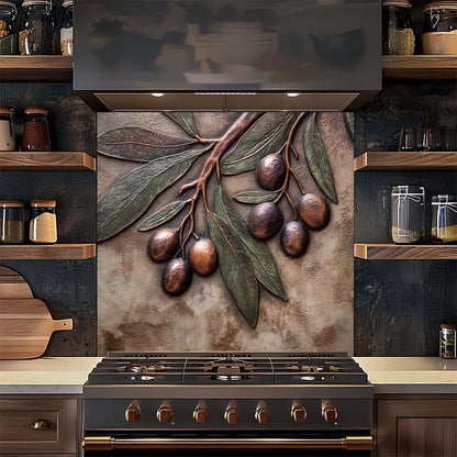 Stainless steel stove with decorative backsplash featuring olives and leaves in a kitchen setting.