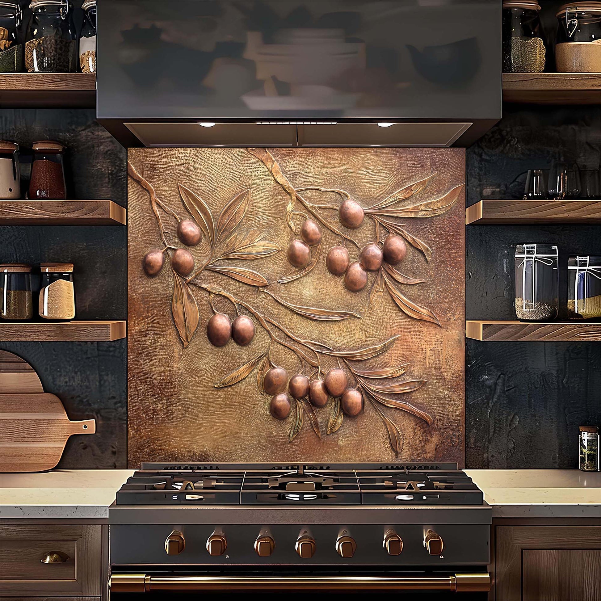 Stainless steel stove with decorative backsplash featuring olive branch design in a kitchen setting.