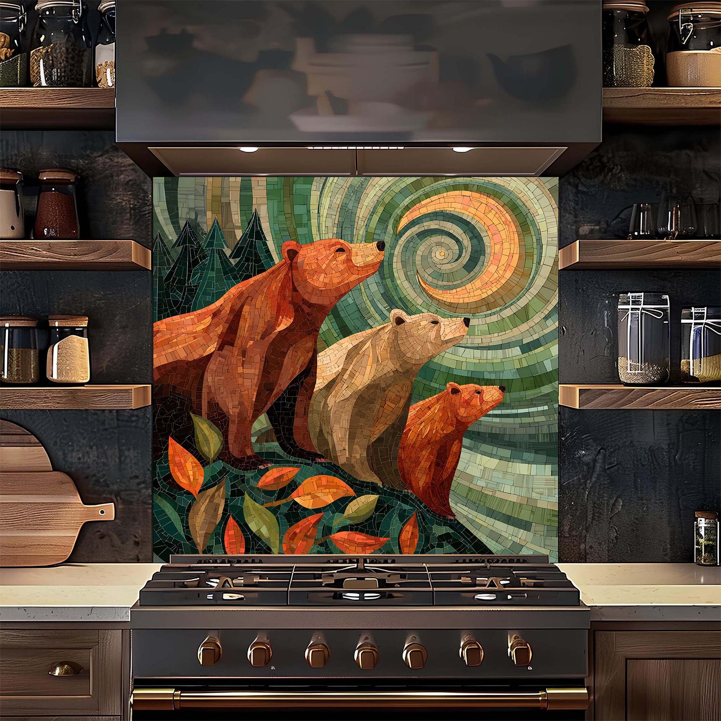 A symbolic bear family gazing at a spiral sky, printed on a tempered glass backsplash that adds warmth, meaning, and woodland calm to kitchens.