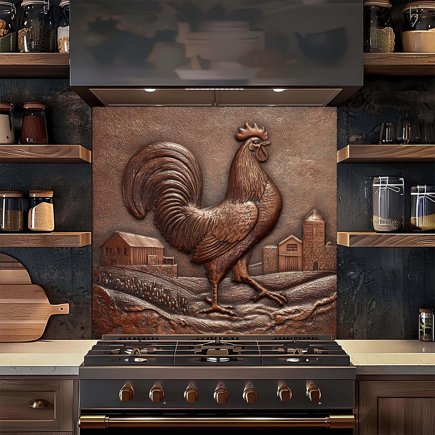 Decorative glass backsplash with a rooster design above a stove in a kitchen.
