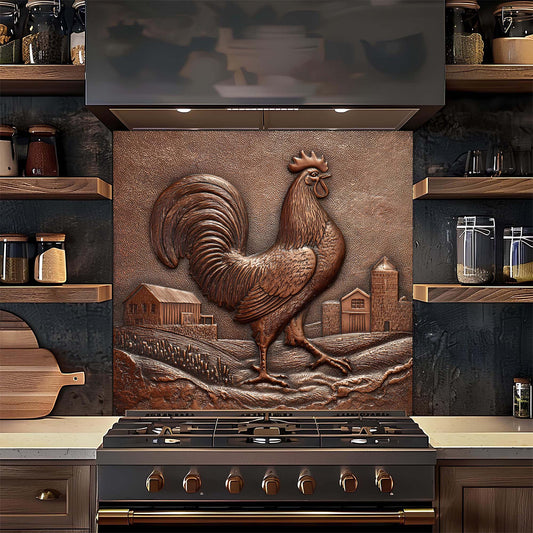 Decorative glass backsplash with a rooster design above a stove in a kitchen.