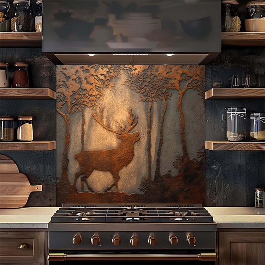 Decorative glass backsplash with deer design above a stove in a kitchen.