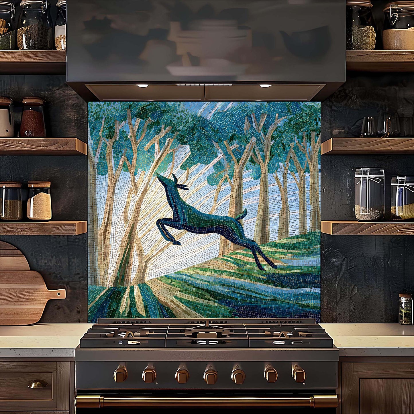 Kitchen with a decorative glass backsplash featuring a deer in a forest design.