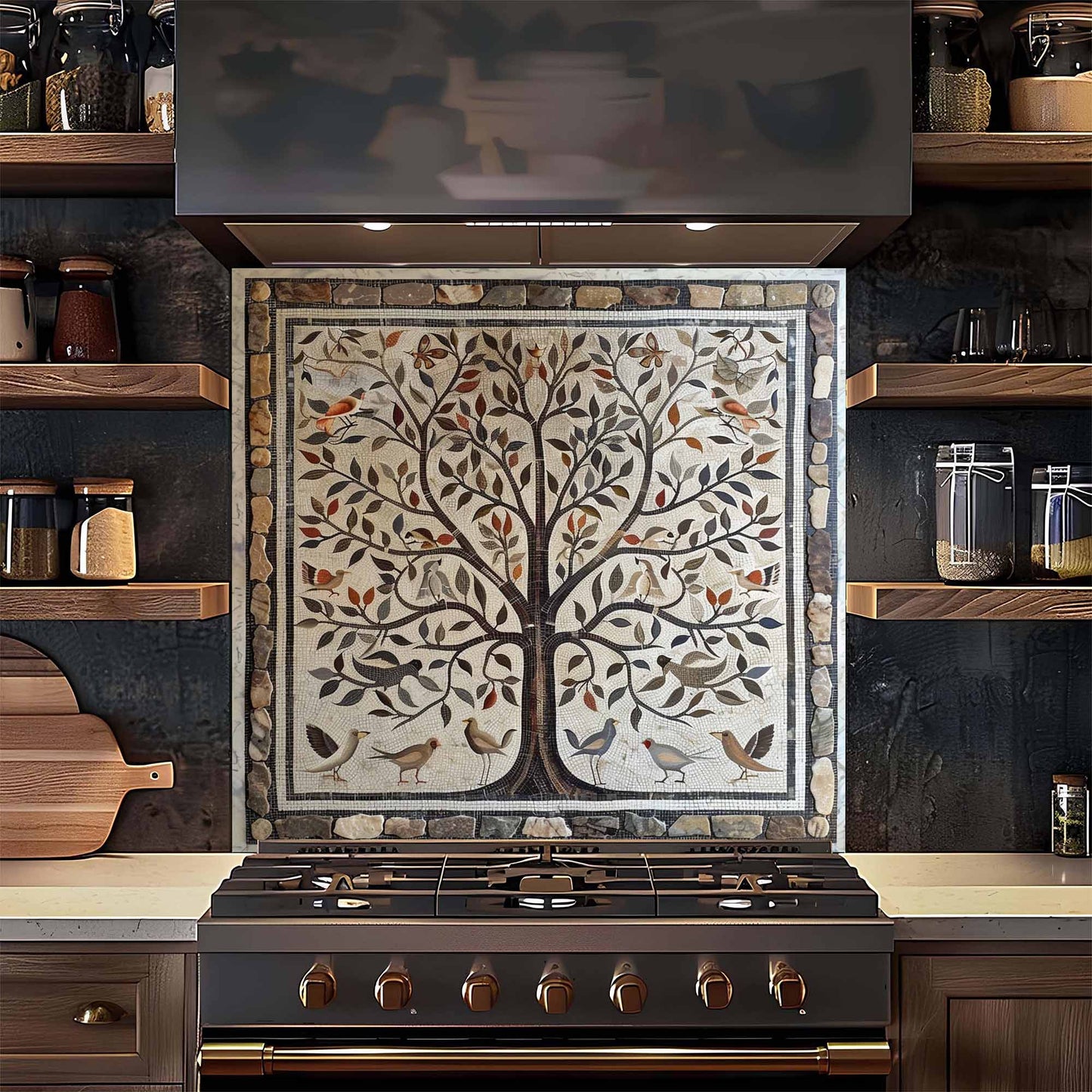Kitchen stove with decorative backsplash featuring a tree and birds in a rustic setting.