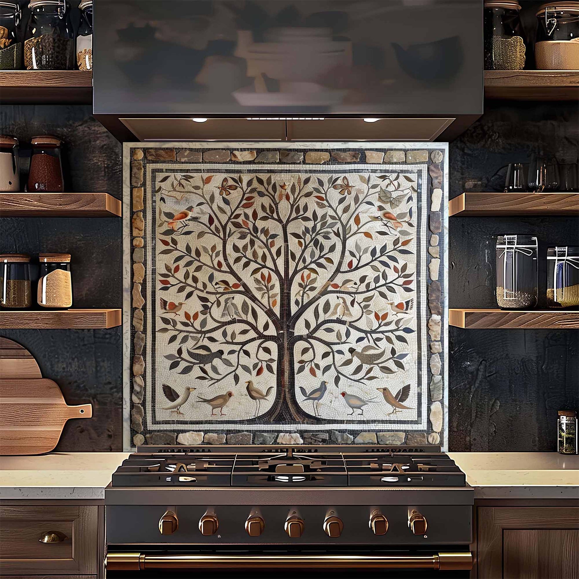 Kitchen stove with decorative backsplash featuring a tree and birds in a rustic setting.
