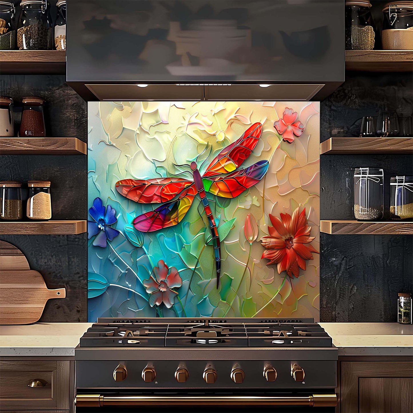 Colorful dragonfly and floral design on a kitchen backsplash above a stove.