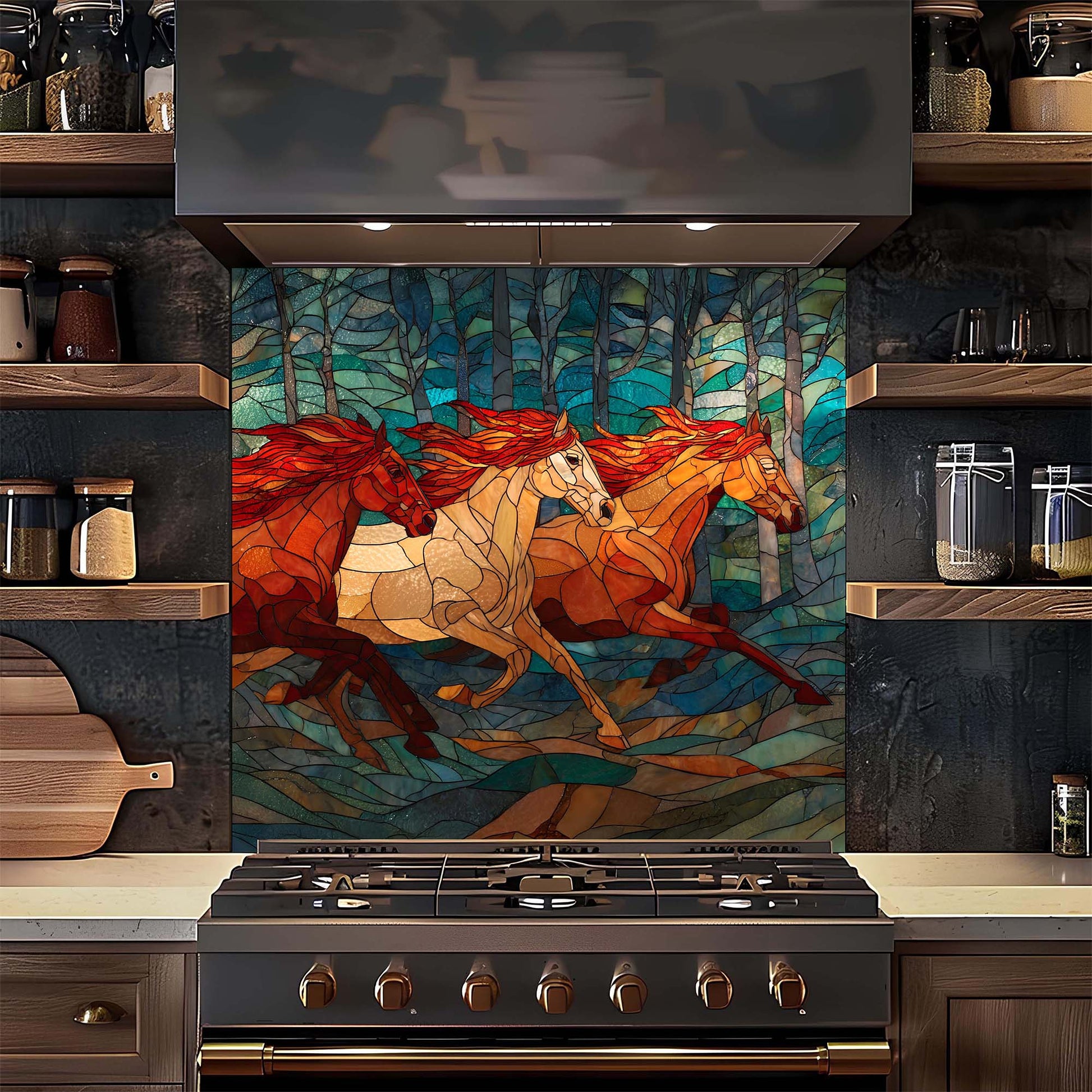 Three galloping horses in a stained glass forest design on tempered glass backsplash. A bold, artistic kitchen backsplash statement.