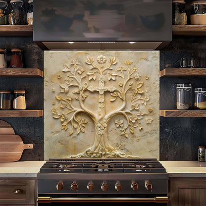 Decorative glass backsplash with tree design above a stove in a kitchen setting.