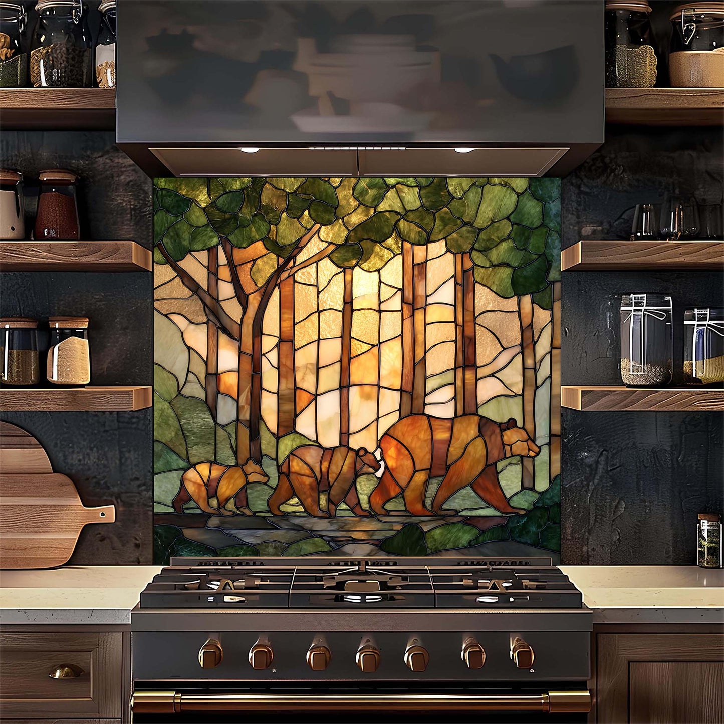 Stained glass backsplash with bears in a forest design above a stove in a kitchen.
