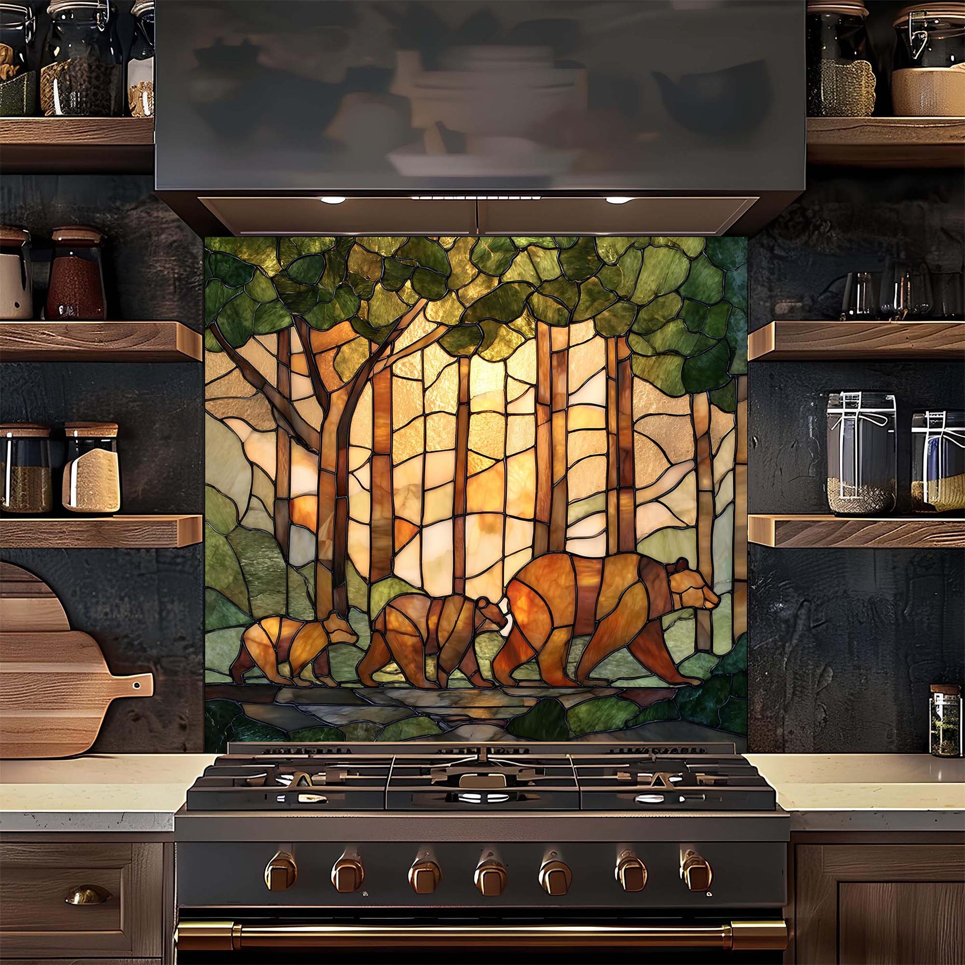 Stained glass backsplash with bears in a forest design above a stove in a kitchen.