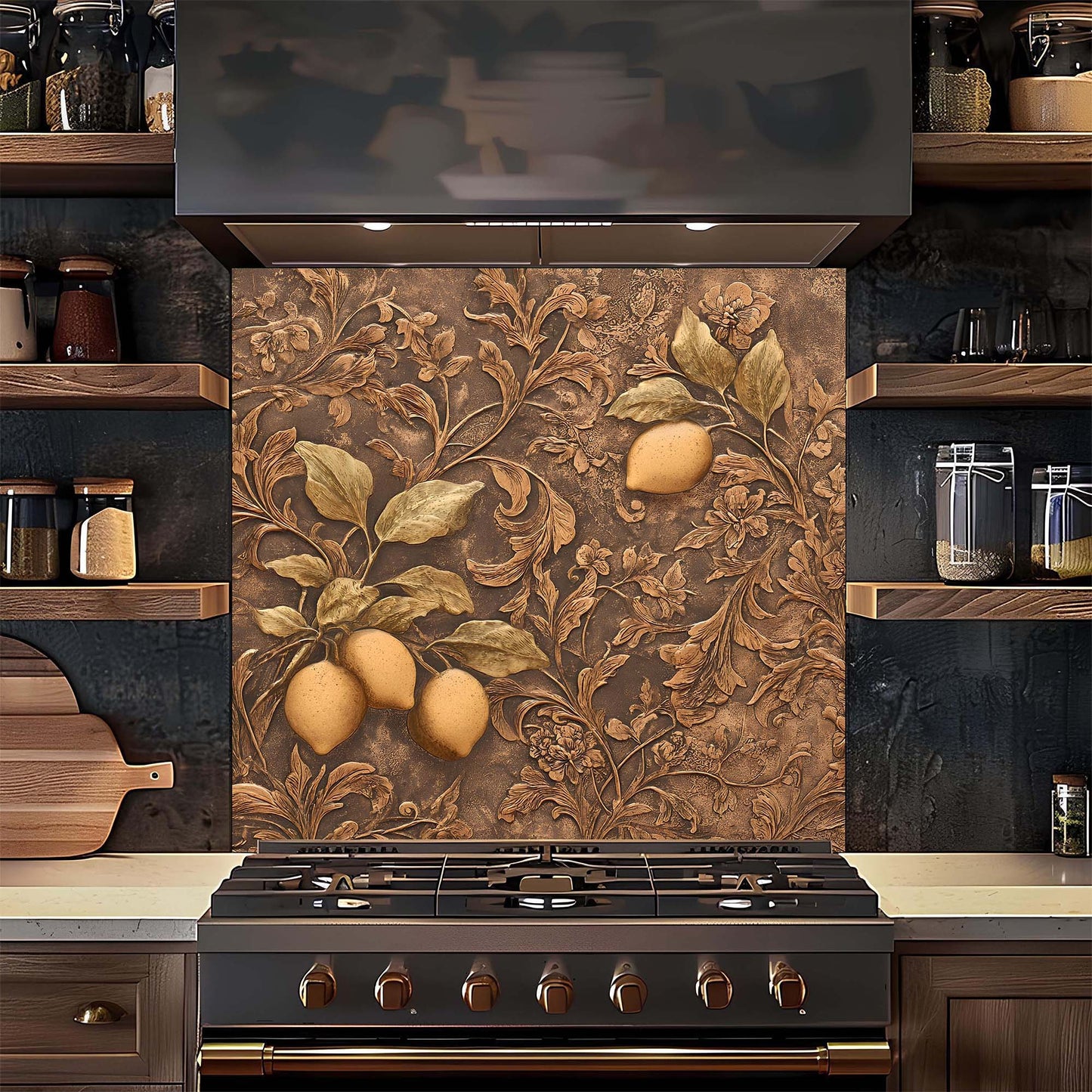 Decorative backsplash with lemon design above a stove in a kitchen.