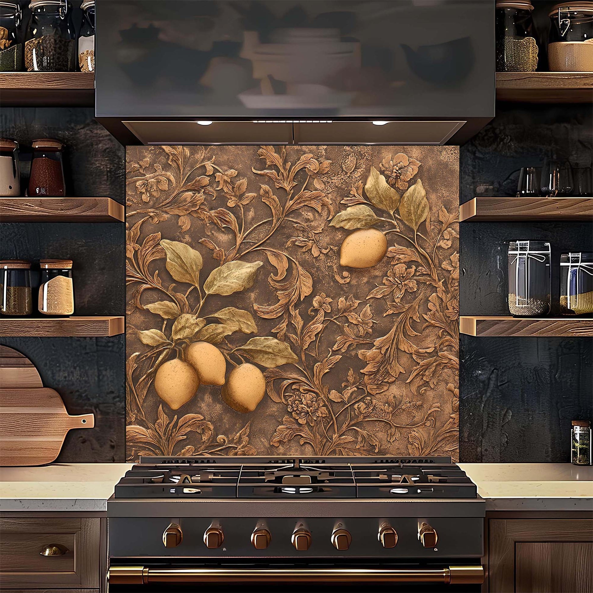 Decorative backsplash with lemon design above a stove in a kitchen.