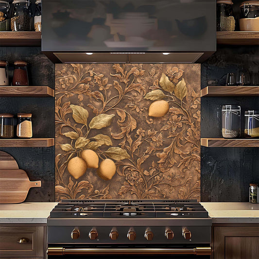 Decorative backsplash with lemon design above a stove in a kitchen.