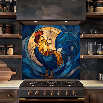 Kitchen with a decorative rooster glass backsplash above a stove