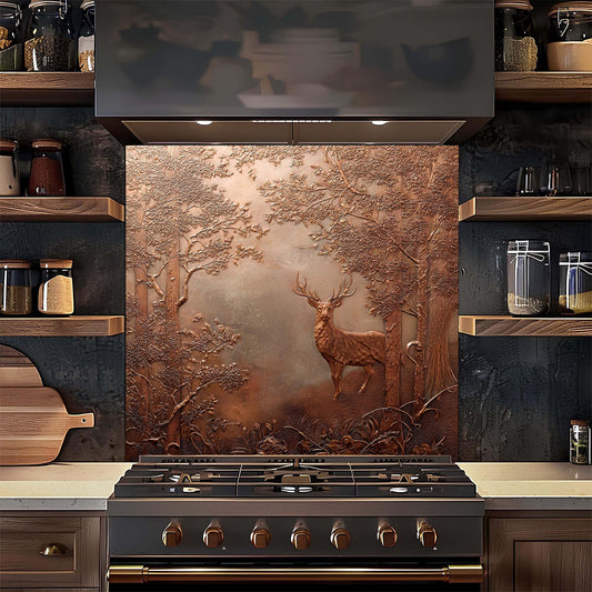Stainless steel stove with deer backsplash in a kitchen setting