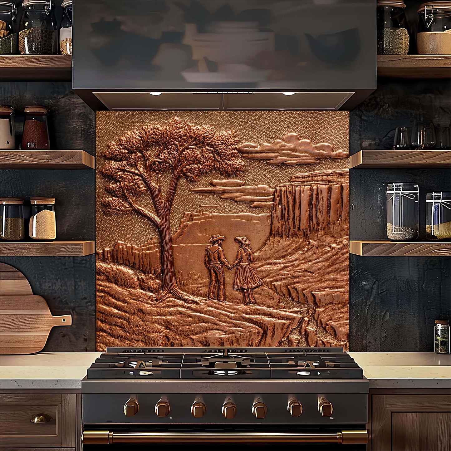 Decorative glass backsplash with a landscape design featuring a tree and two people, installed above a stove in a kitchen.