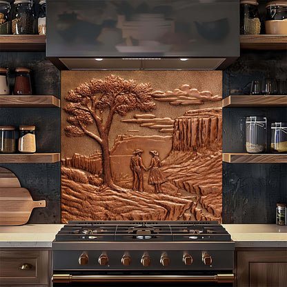 Decorative glass backsplash with a landscape design featuring a tree and two people, installed above a stove in a kitchen.