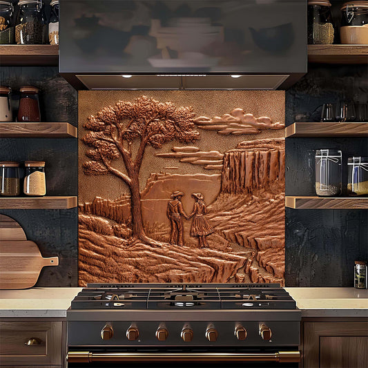 Decorative glass backsplash with a landscape design featuring a tree and two people, installed above a stove in a kitchen.