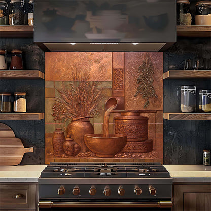 Decorative backsplash with copper elements above a stove in a kitchen.