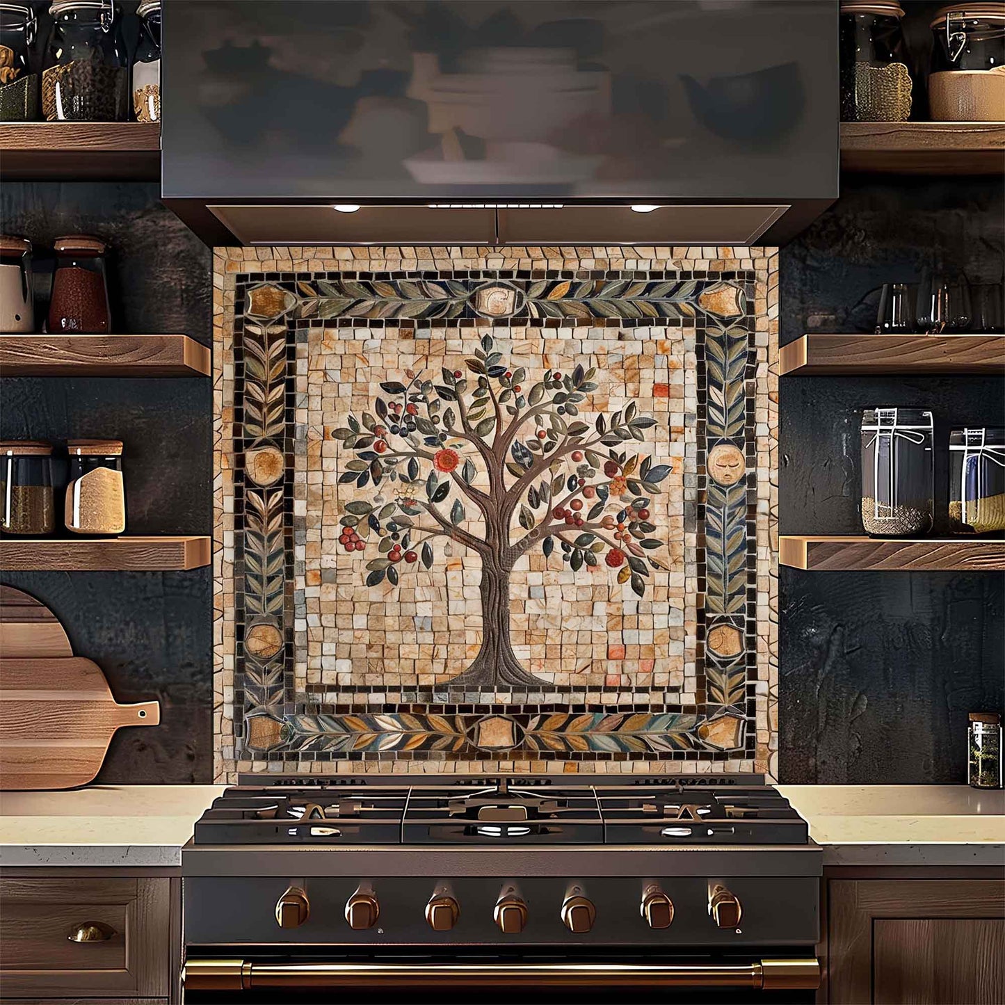 Kitchen stove with a decorative mosaic tile backsplash featuring a tree design.