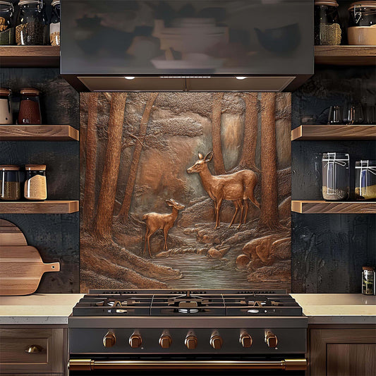 Stainless steel range hood with deer design glass backsplash above a stove in a kitchen setting.