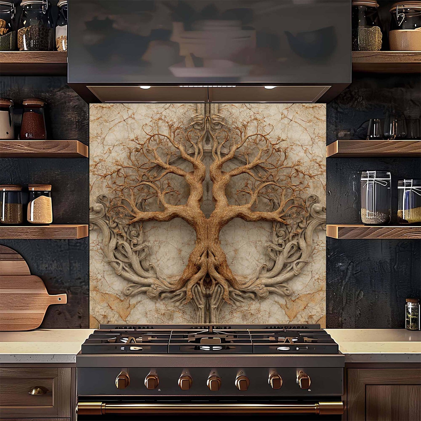 Decorative backsplash with tree design above a stove in a kitchen.
