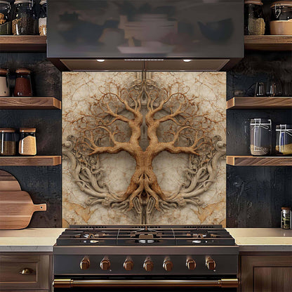 Decorative backsplash with tree design above a stove in a kitchen.
