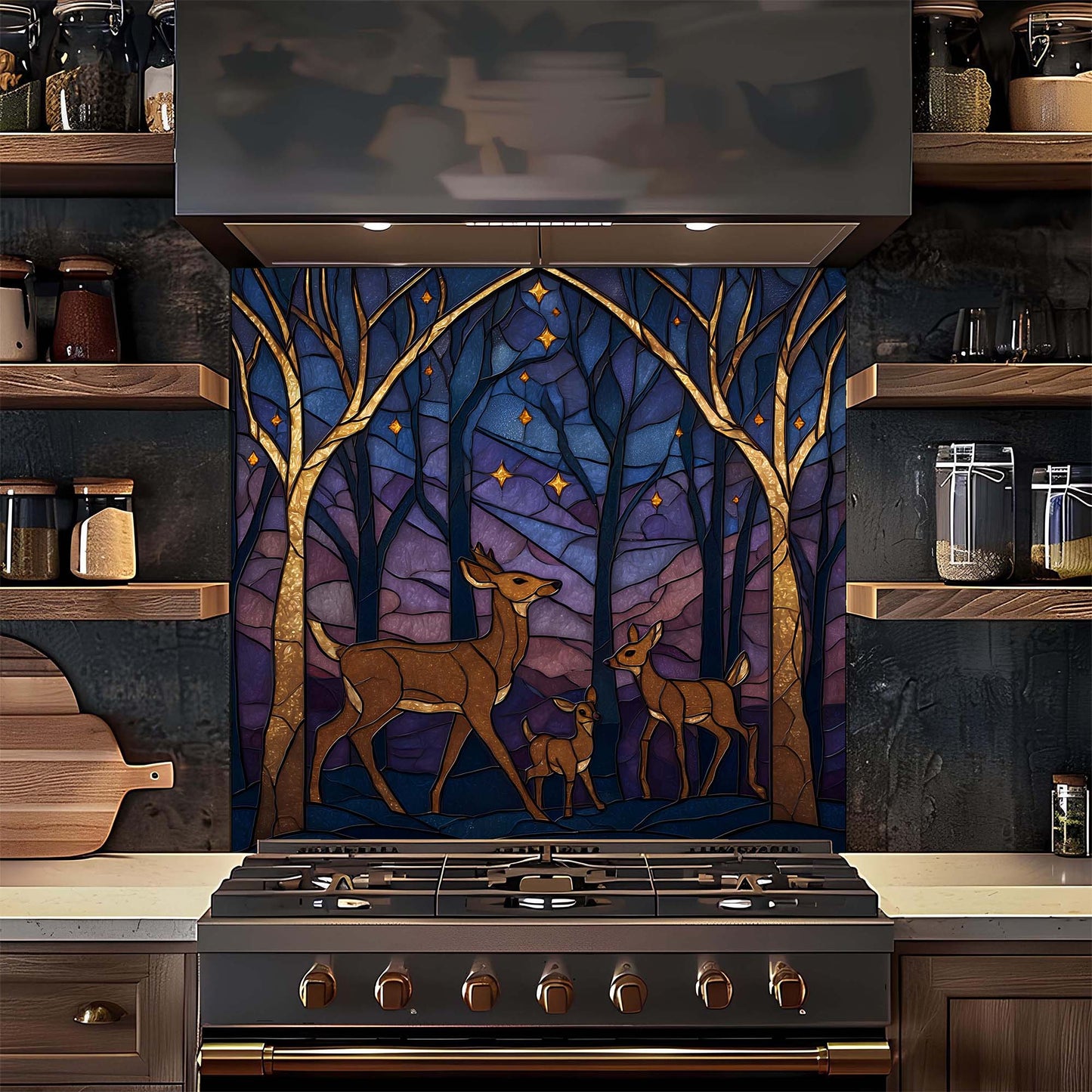 A serene deer family beneath a starlit forest sky on tempered glass backsplash, bringing warmth, nature, and harmony to kitchens.