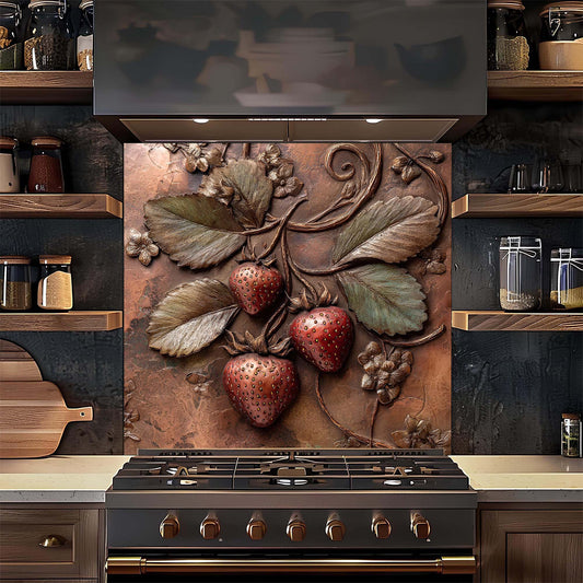 Decorative backsplash with strawberry design above a stove in a kitchen.
