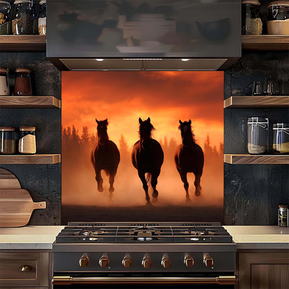 Glass splashback with horse design in a kitchen setting